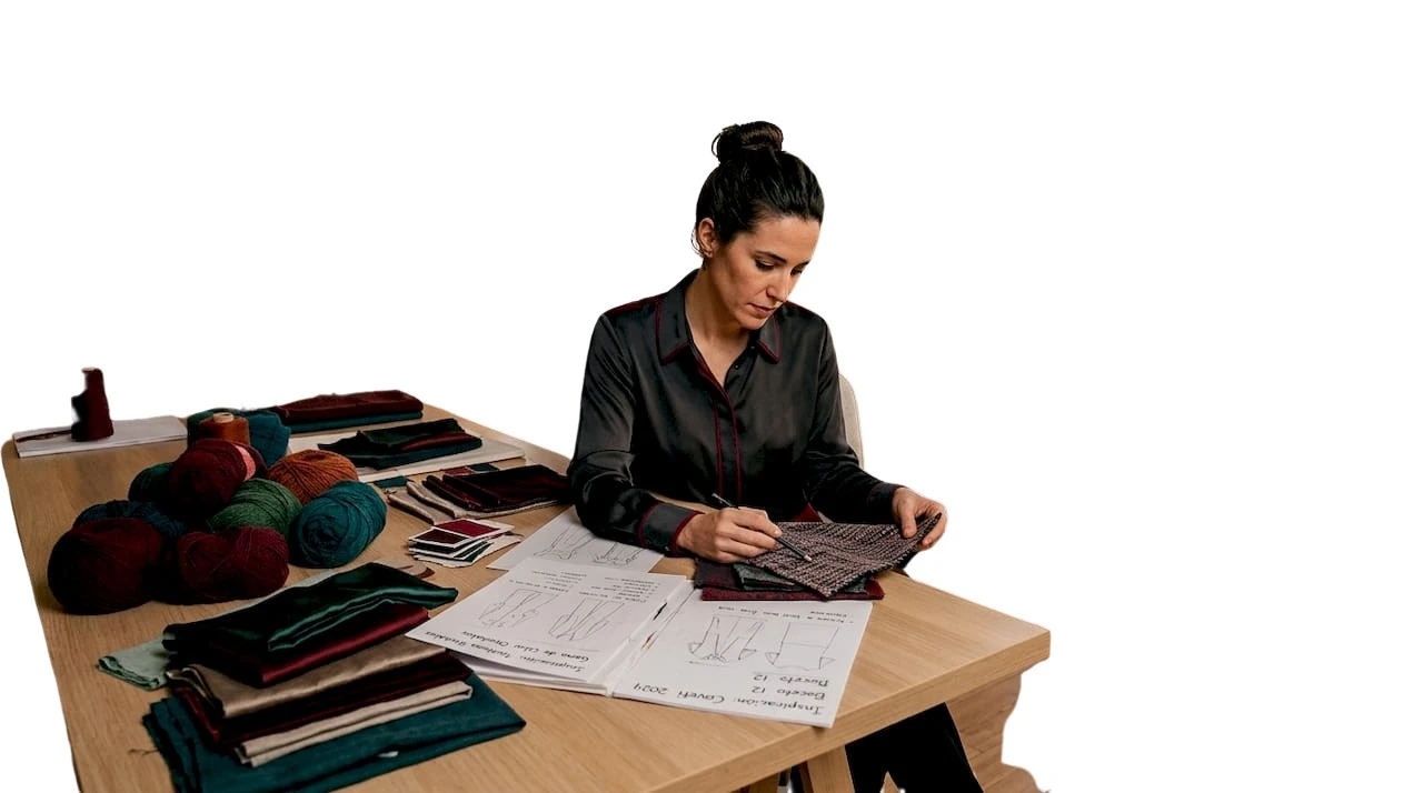 Una diseñadora examina cuidadosamente diferentes tejidos en su taller.