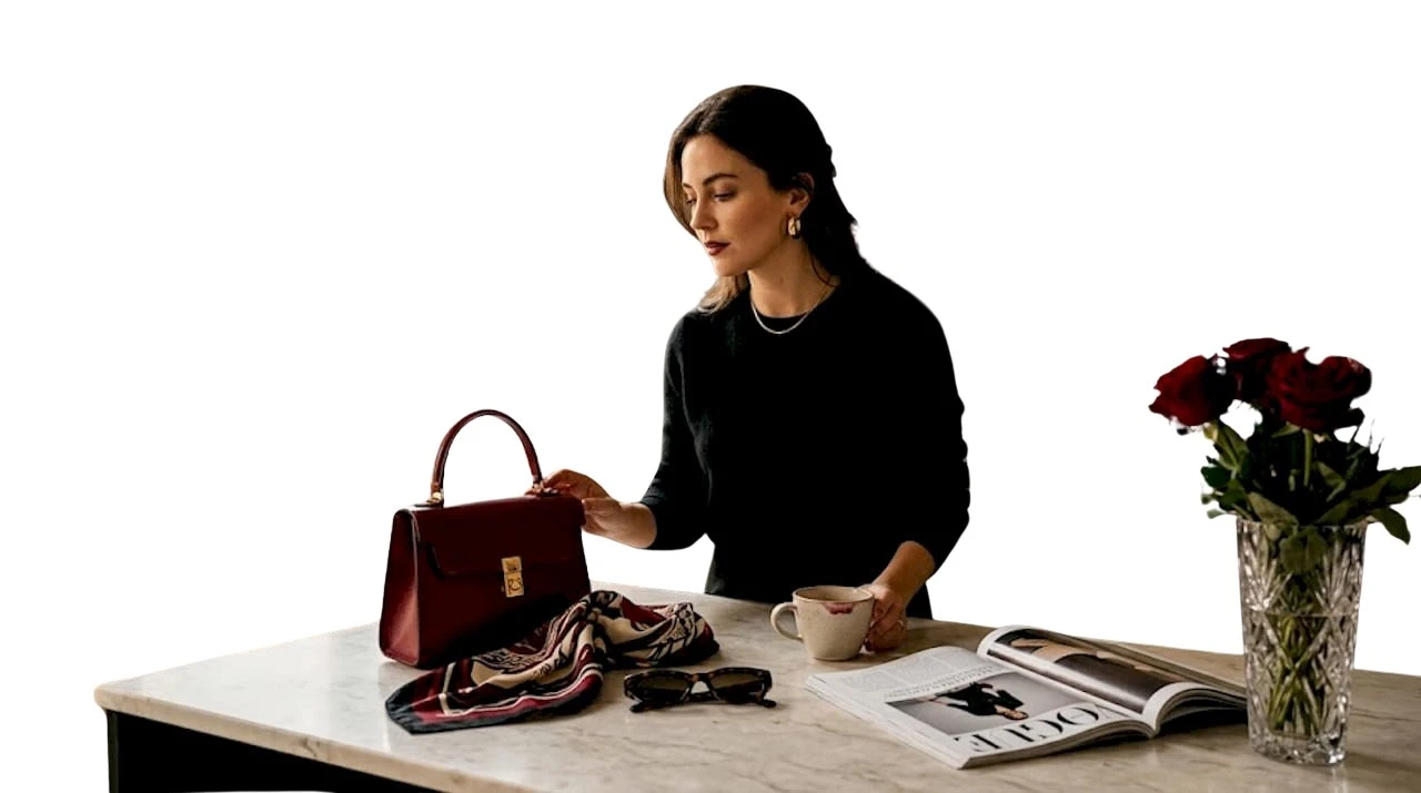 Une femme prend le temps de sélectionner avec soin ses accessoires de créateur chez elle.