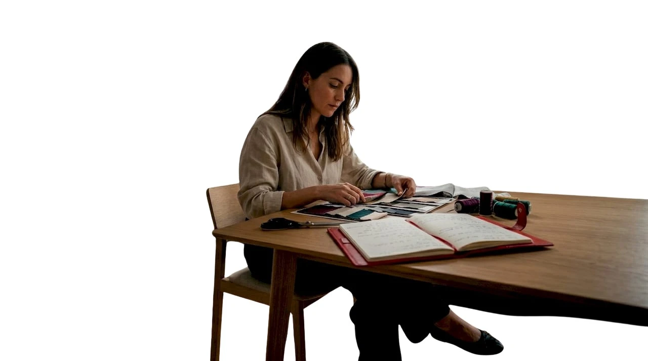 Une créatrice de mode passe en revue différentes étoffes dans son atelier, attentive aux matières et aux textures pour ses prochaines créations.