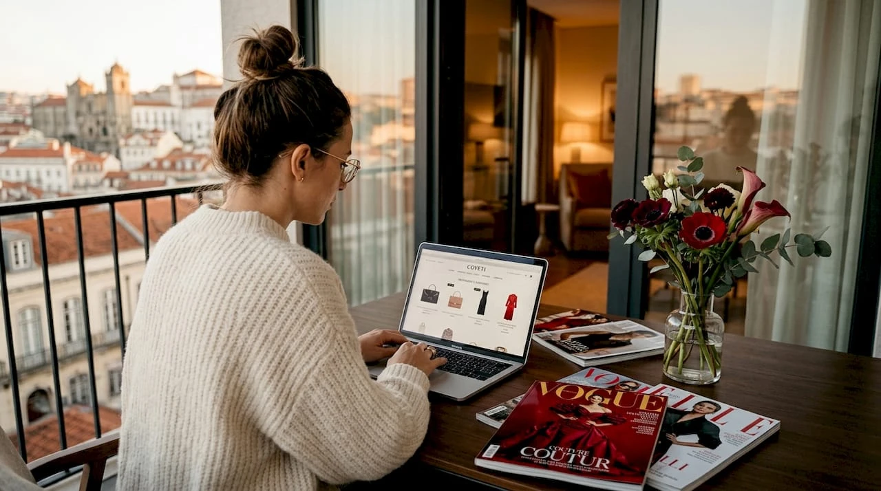 Mulher a explorar um marketplace online de moda de luxo