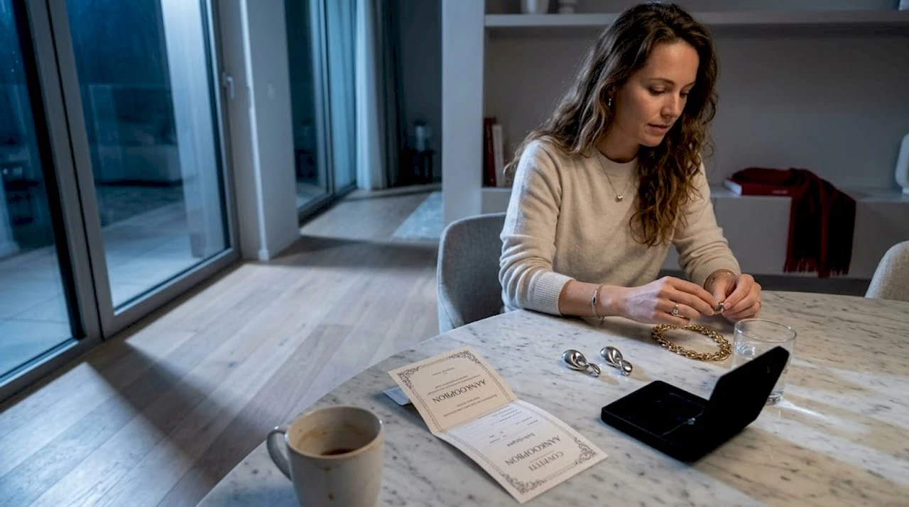 Een vrouw zit aan de keukentafel en bekijkt aandachtig haar sieraden, twijfelend welke ze zal dragen.