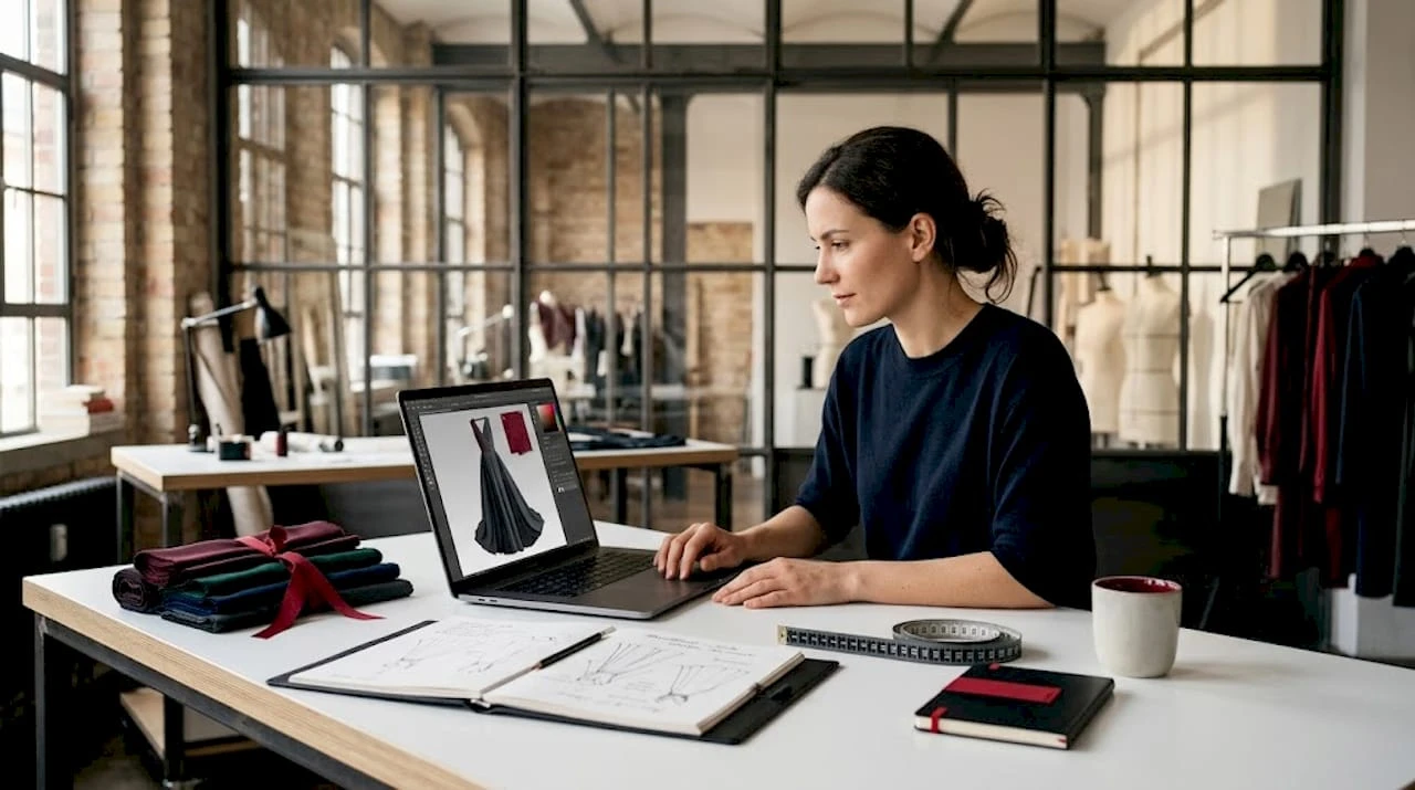 Eine Modedesignerin entwirft am Laptop ein Kleid in 3D.