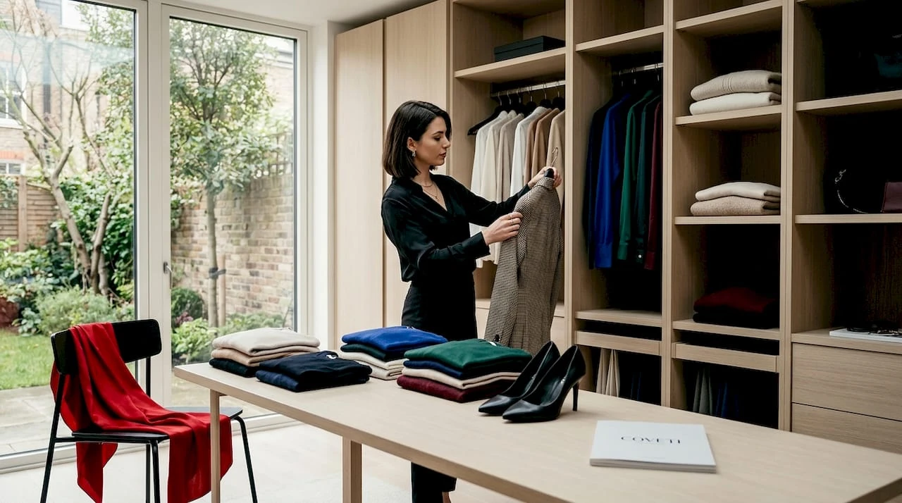 Una chica inspecciona su ropa en un armario elegante y moderno.