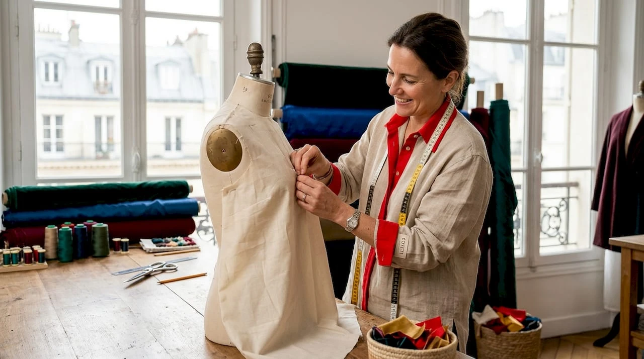 Une créatrice de mode confectionne une robe sur mesure dans son atelier.