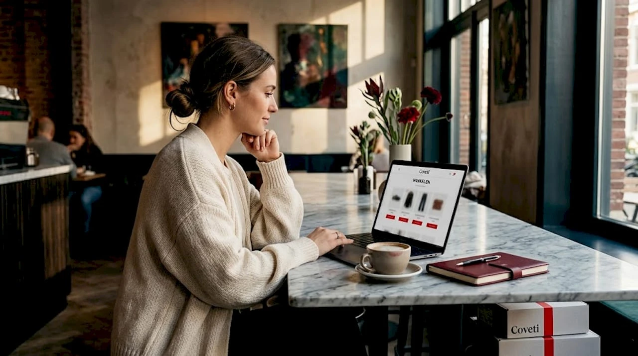 Een vrouw die thuis op haar gemakje online nieuwe kleding uitzoekt.