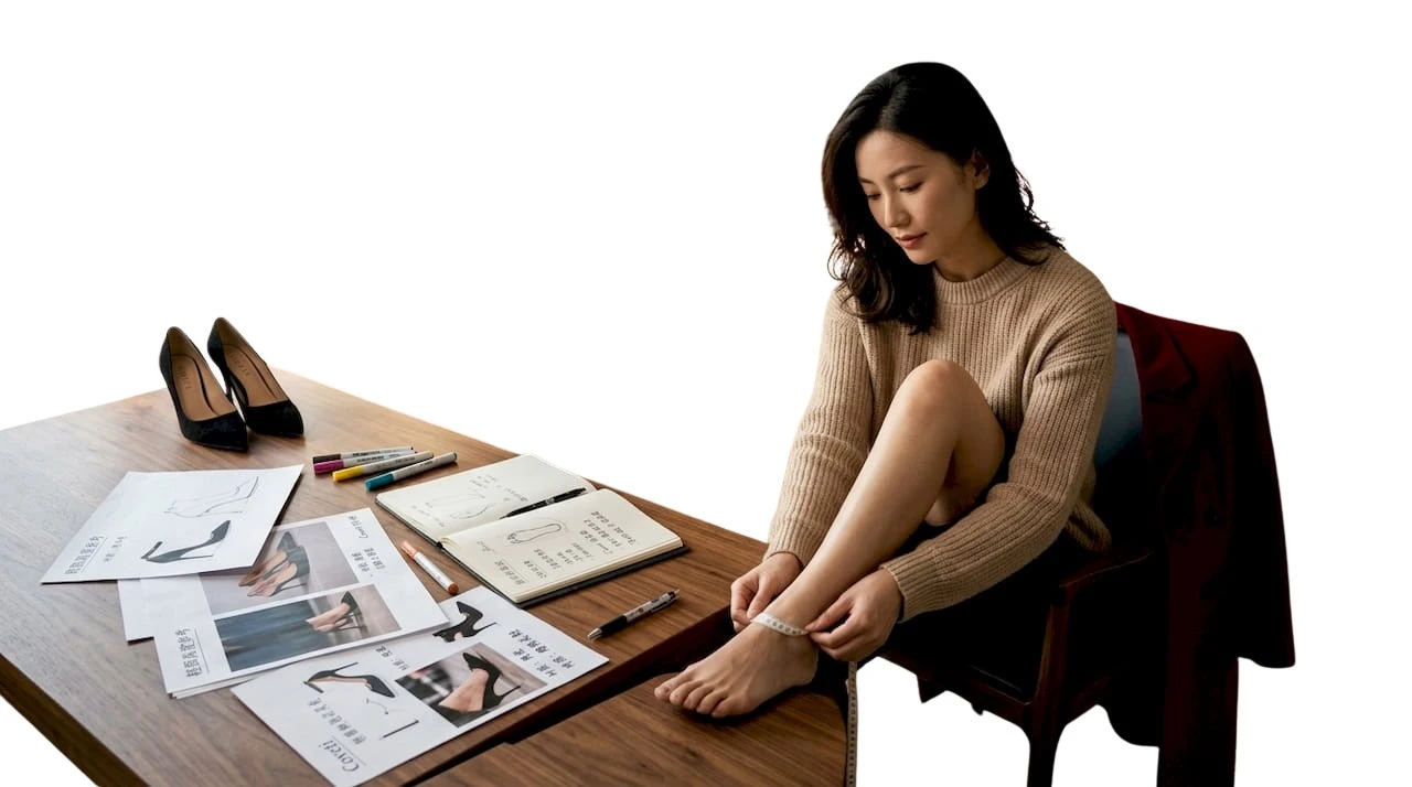 一位女士正在客厅里为鞋子的测量与准备工作忙碌着。
