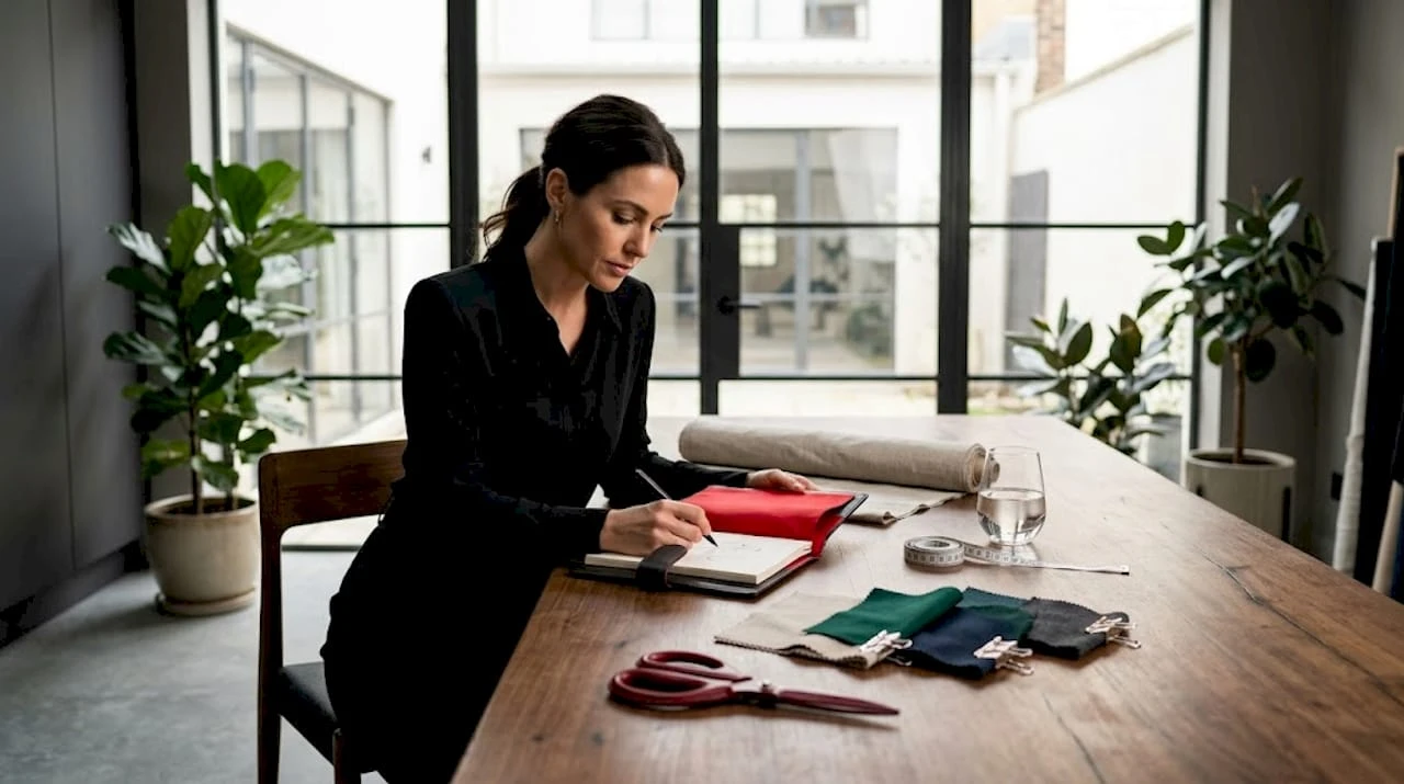 Een ontwerper werkt aan schetsen van accessoires aan zijn bureau in een gezellige thuiskantooromgeving.