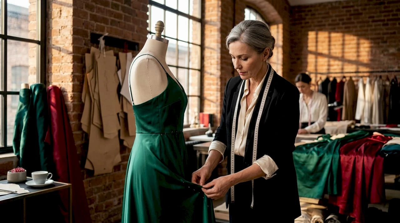 Croitorul retușează o rochie de lux în atelier, acordând atenție fiecărui detaliu pentru ca rezultatul să fie impecabil.