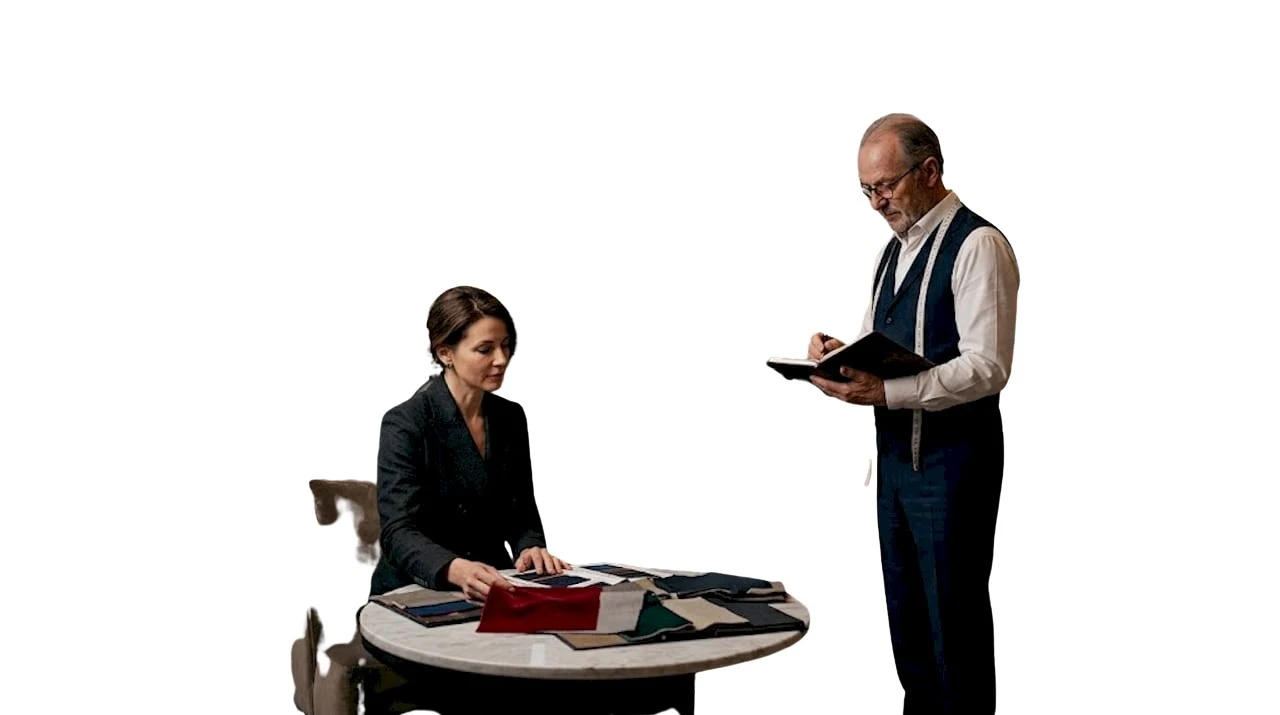 Un client échange avec son tailleur dans un atelier lumineux.