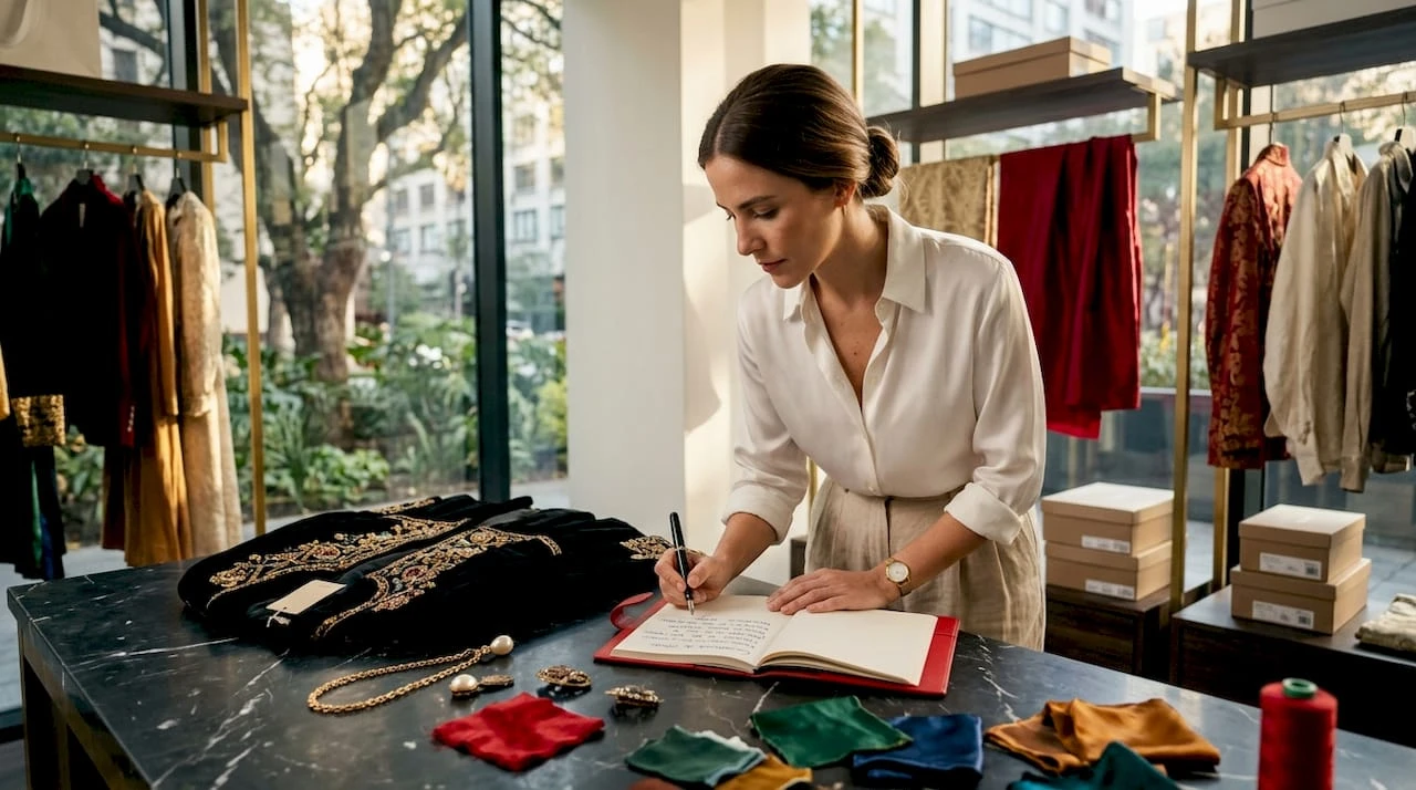 Especialista en moda seleccionando prendas en su taller