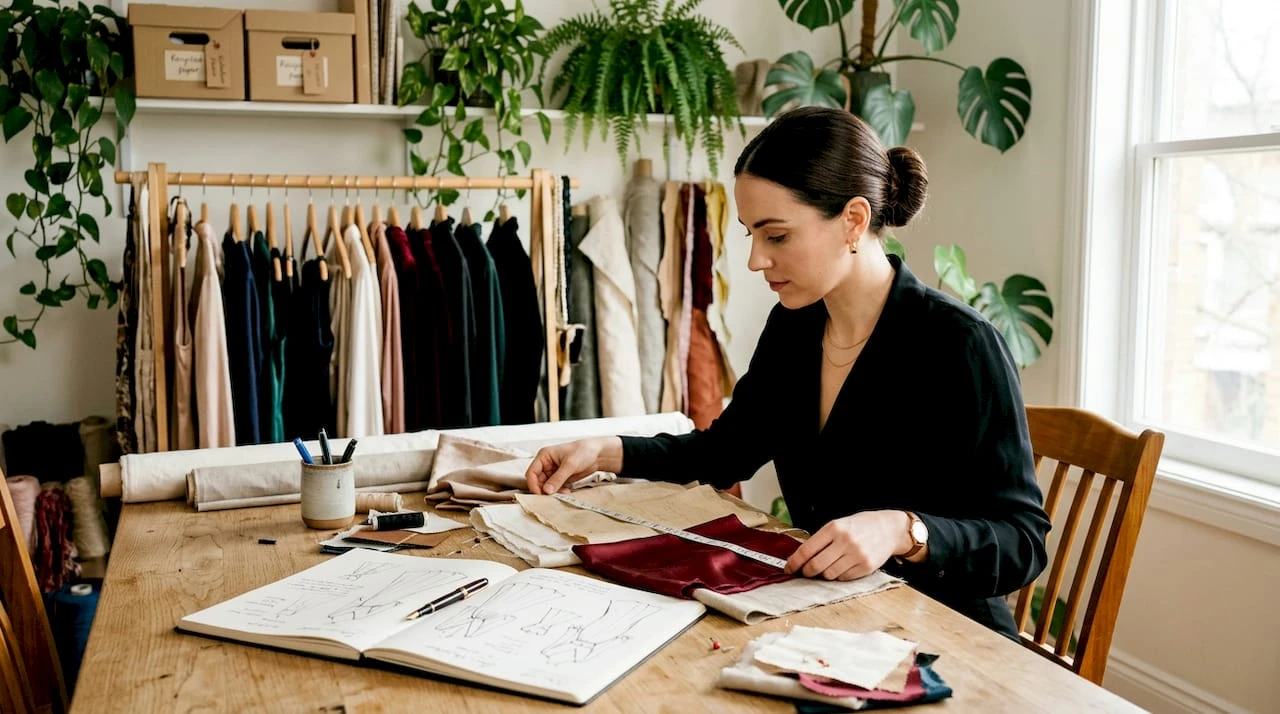 No atelier, o designer examina cuidadosamente tecidos ecológicos, procurando as melhores opções para criar peças sustentáveis.