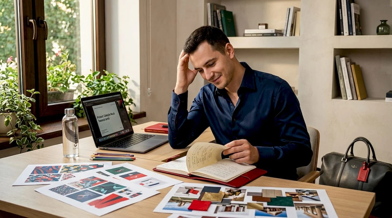 Un designer analizează și compară panourile de inspirație în atelier.