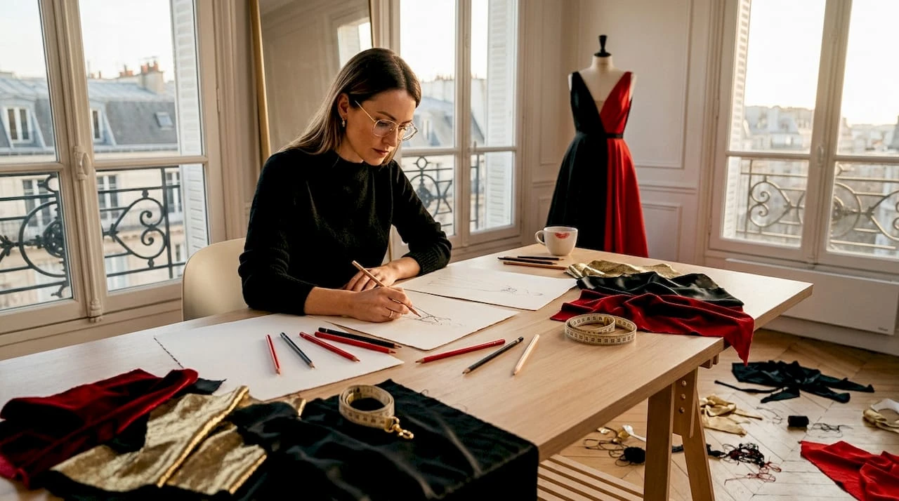 Dans son atelier parisien, un créateur de mode s’applique à dessiner les premières esquisses de sa prochaine collection.