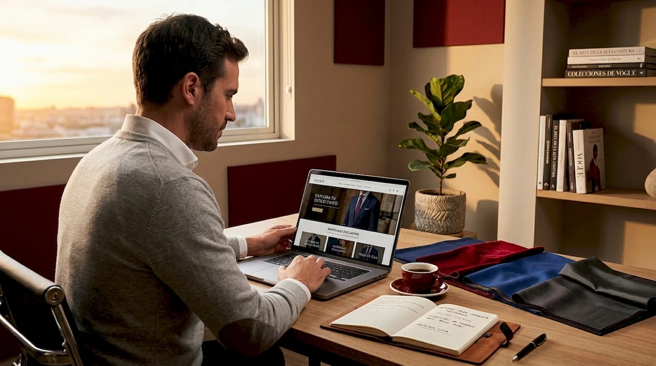 Hombre comparando diferentes páginas web de moda personalizada mientras revisa muestras de telas