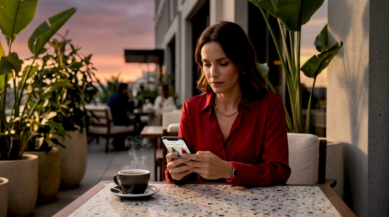 Uma mulher a explorar novas marcas enquanto toma um café