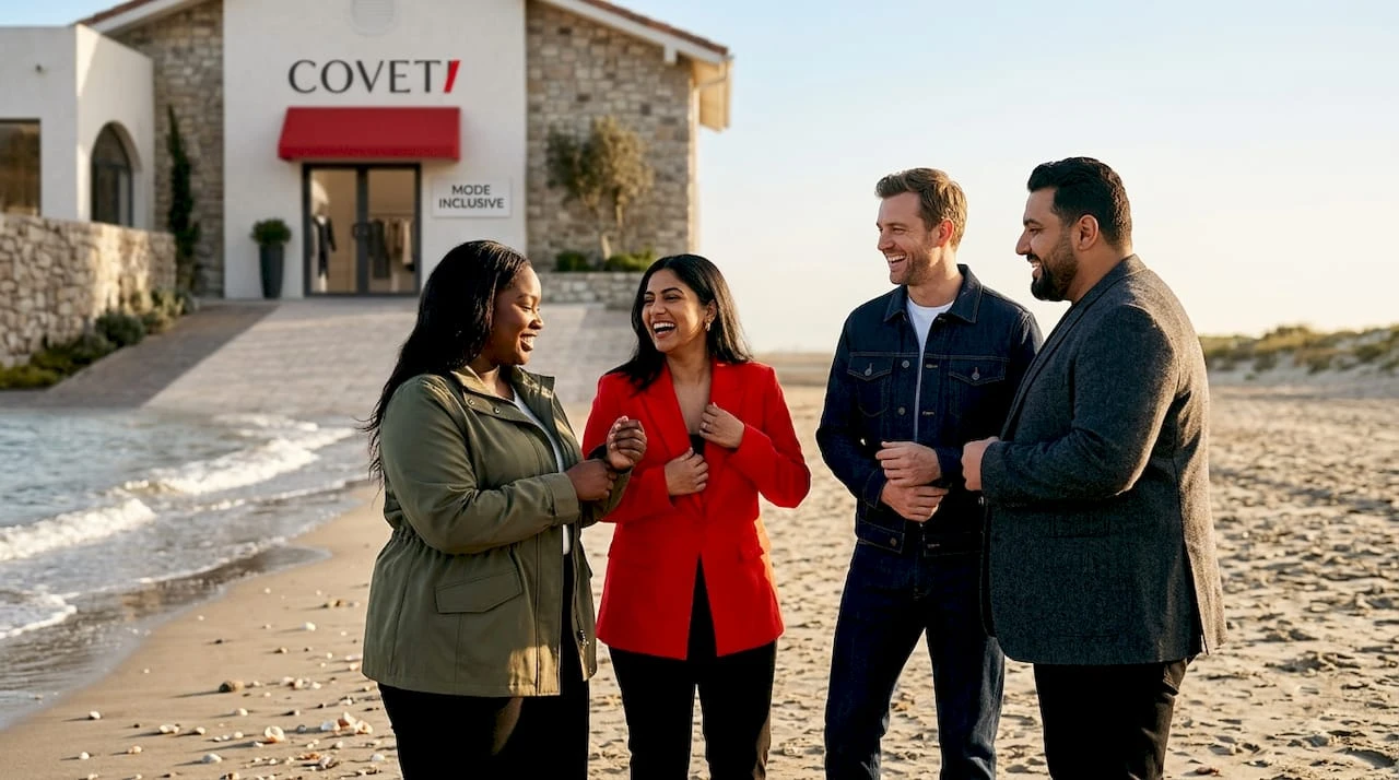 Un groupe varié met en avant la mode inclusive lors d’un shooting en plein air.