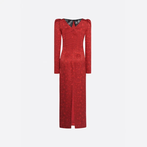 Silk Jacquard Evening Dress with Lace Insert