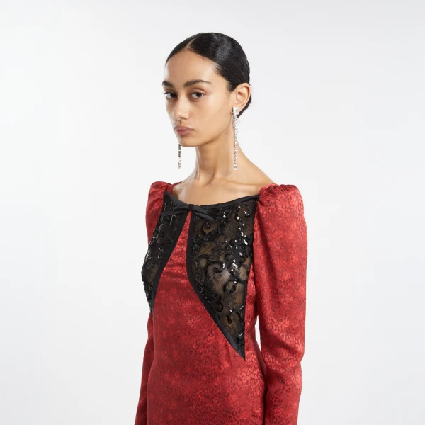 Silk Jacquard Evening Dress with Lace Insert