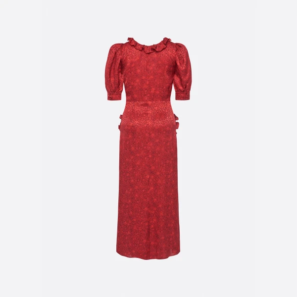 Silk Jacquard Midi Dress with Puff Sleeves