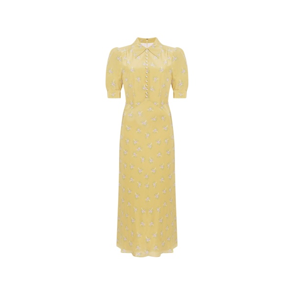 Alessandra Rich Silk Midi Dress with Pearl Button Detail