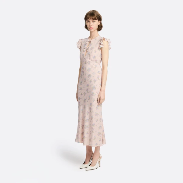 Silk Midi Dress with Ruffle Sleeves