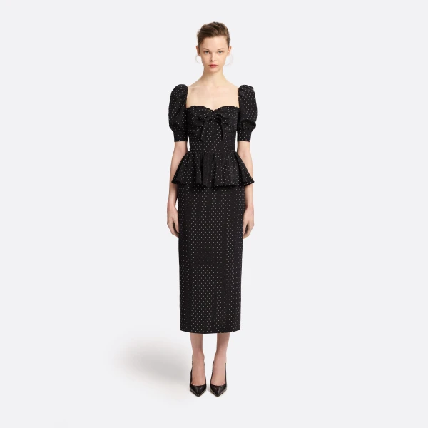 Silk Peplum Midi Dress with Puff Sleeves