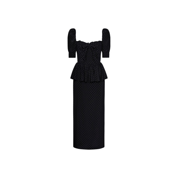 Alessandra Rich Silk Peplum Midi Dress with Puff Sleeves
