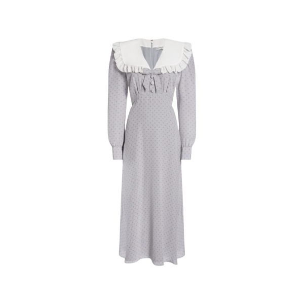 Alessandra Rich Silk Polka Dot Midi Dress with Collar