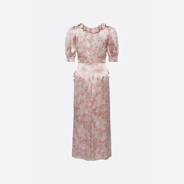 Silk Satin Midi Dress with Puff Sleeves