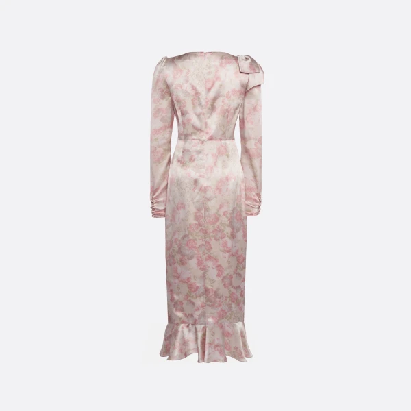 Silk Satin Midi Dress with Volant and Bows