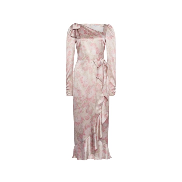 Alessandra Rich Silk Satin Midi Dress with Volant and Bows