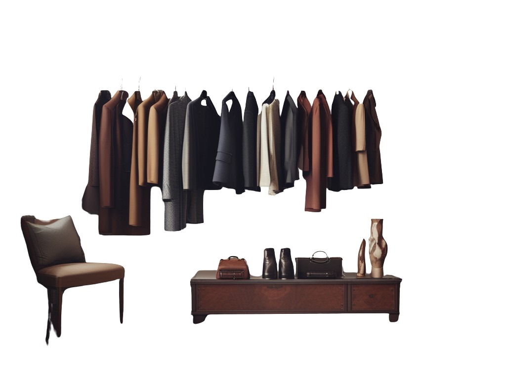 A luxury capsule wardrobe laid out — coat, knits, trousers, denim and leather, for Coveti