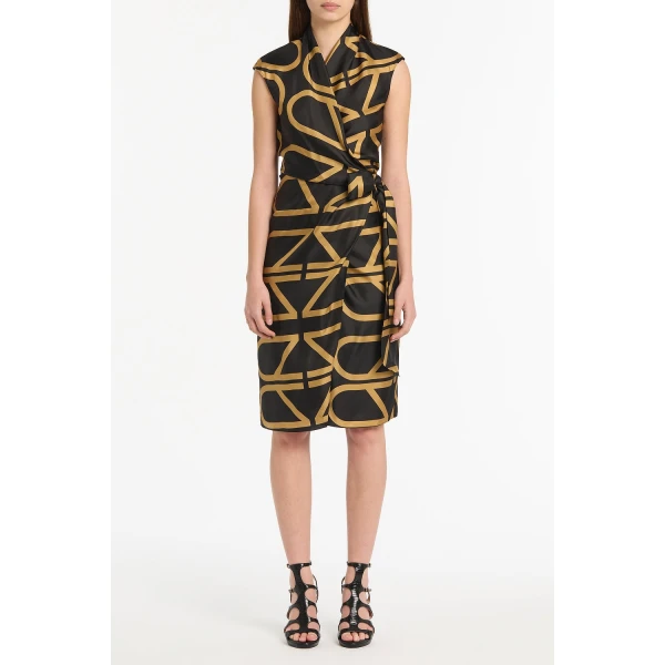 Carla Zampatti Black And Brandy Grid Silk Twill Wrap Dress, view 2