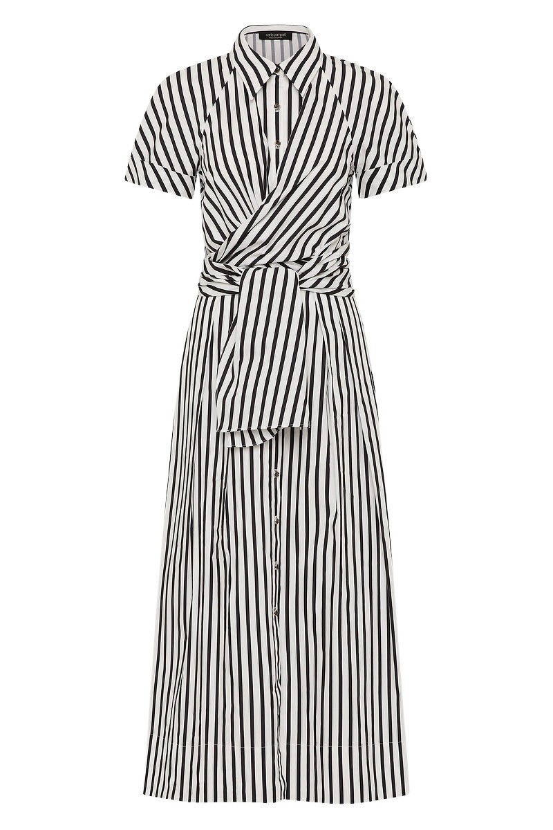 Carla Zampatti Black And White Stripe Cotton Wrap Shirt Dress