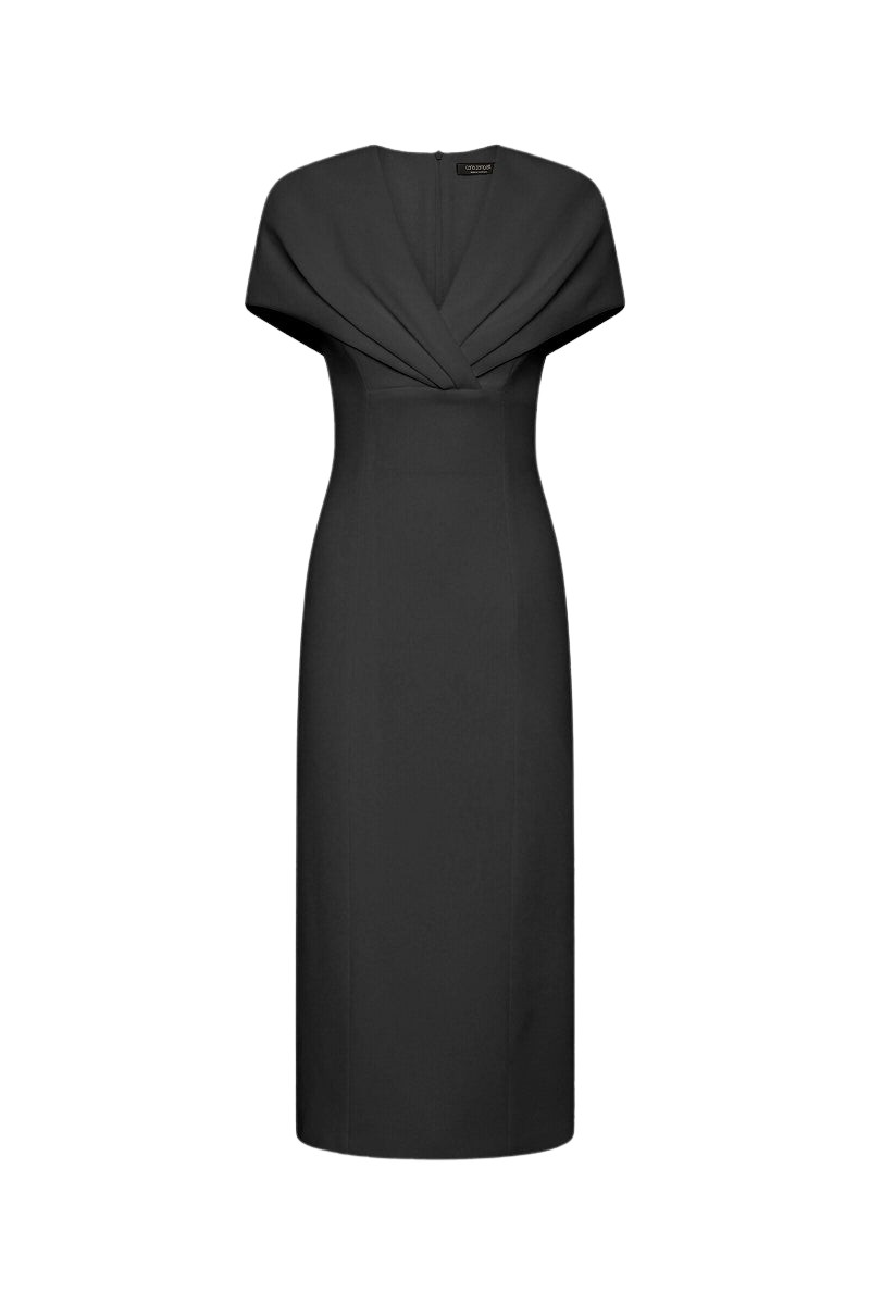 Carla Zampatti Black Crepe Front Tuck Midi Dress