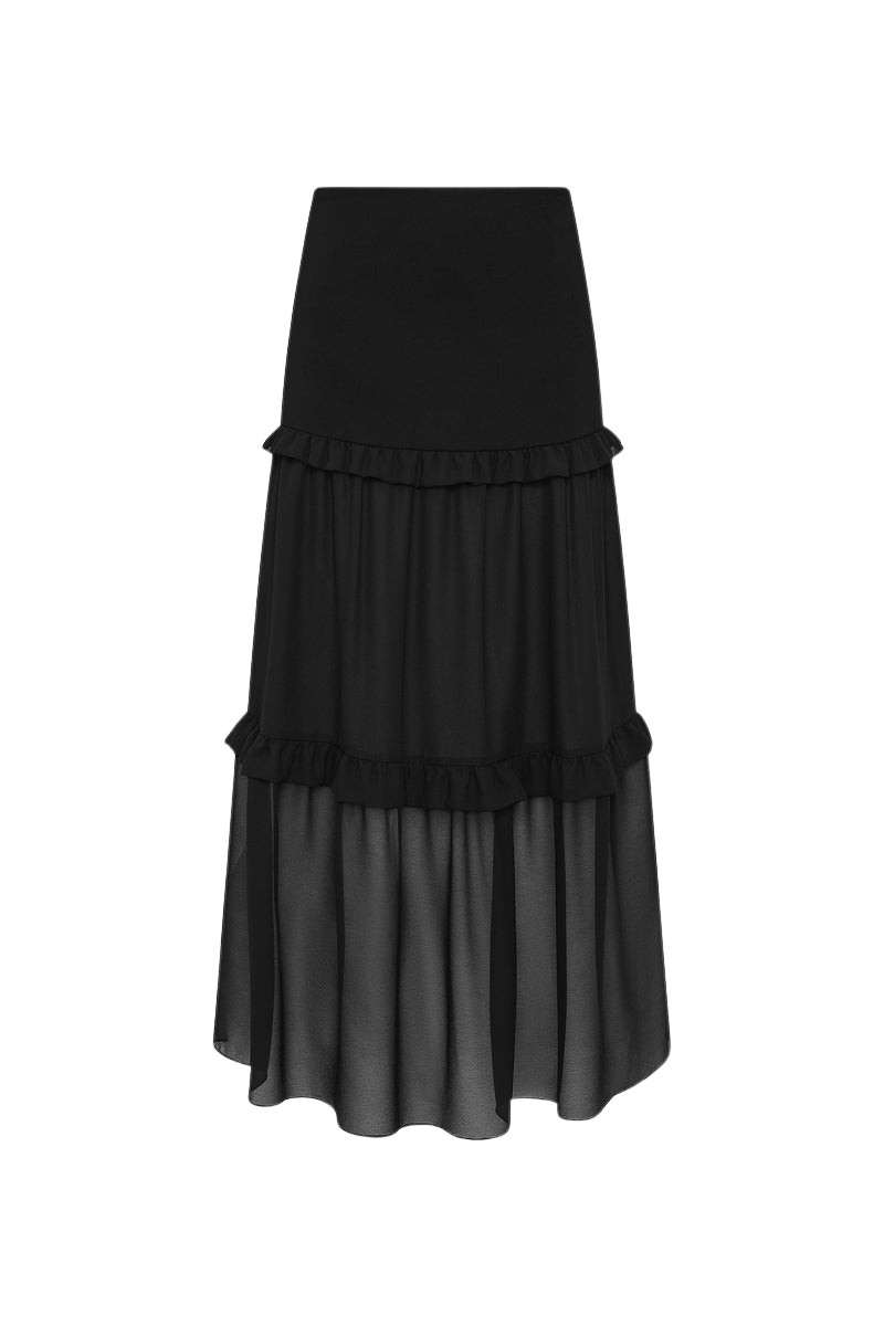 Carla Zampatti Black Crepe Tiered Ruffle Midi Skirt