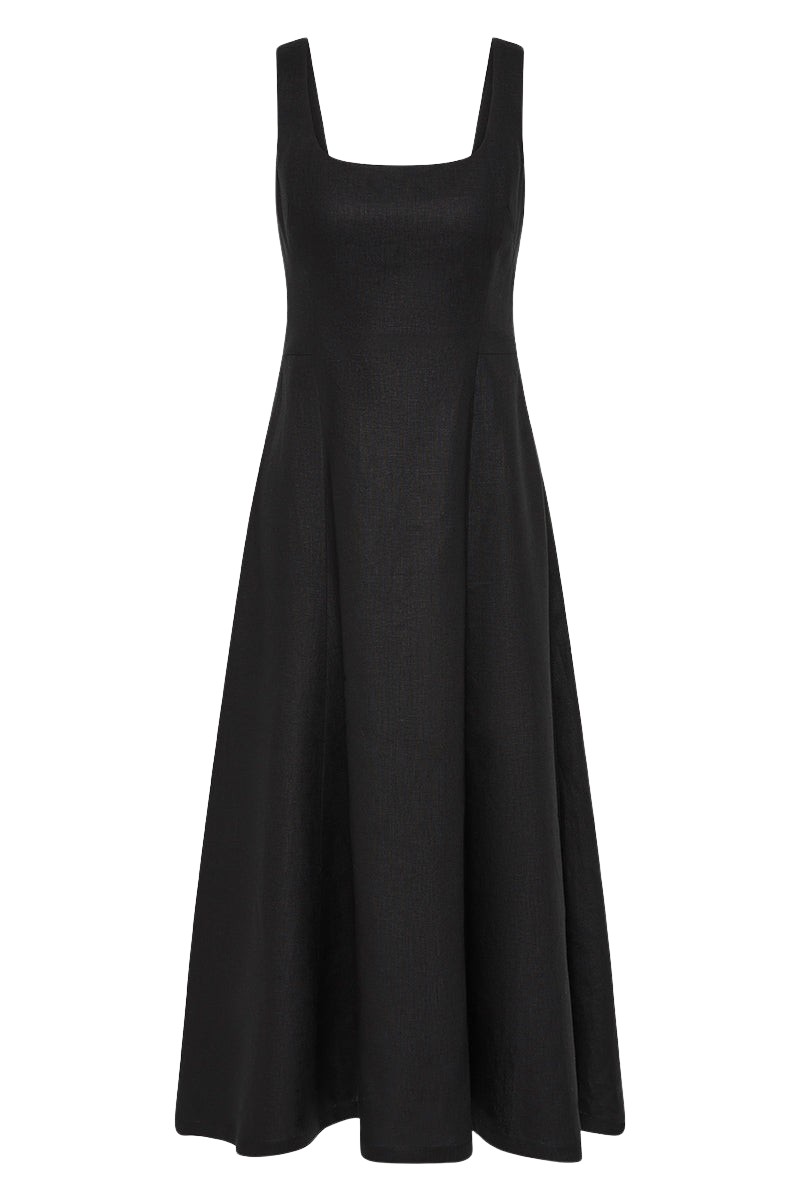 Carla Zampatti Black Linen Square Neck Midi Dress