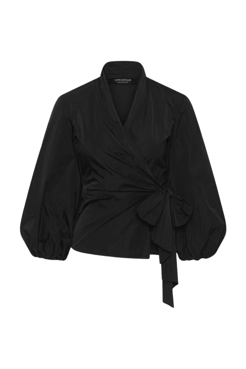 Carla-Zampatti-Black-Taffeta-Puff-Sleeve-Wrap-Top80203_nobg Carla Zampatti Tops