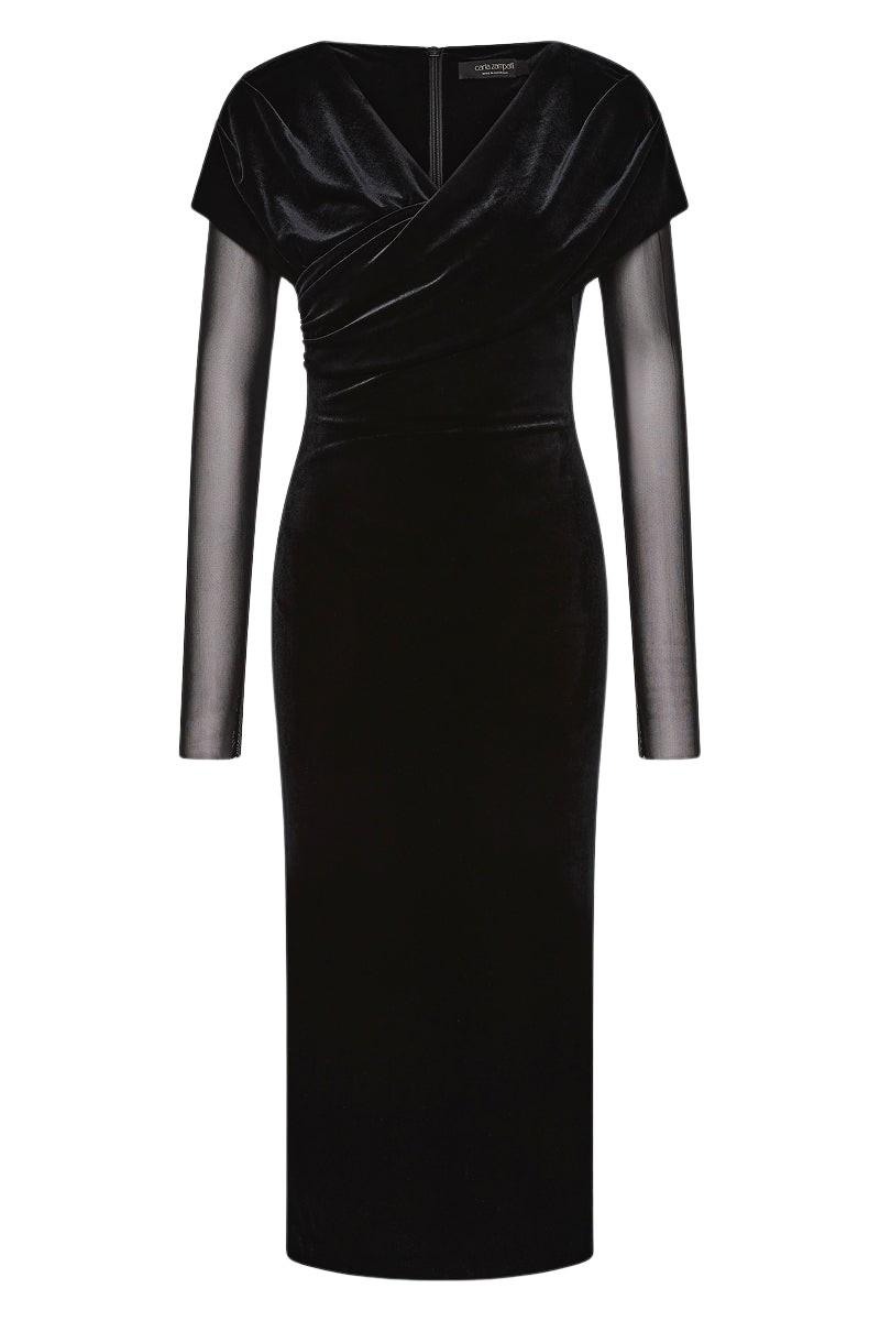 Carla Zampatti Black Velvet Mesh Draped Shoulder Midi Dress