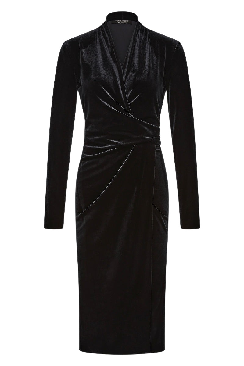 Carla Zampatti Black Velvet Tie Front Midi Dress