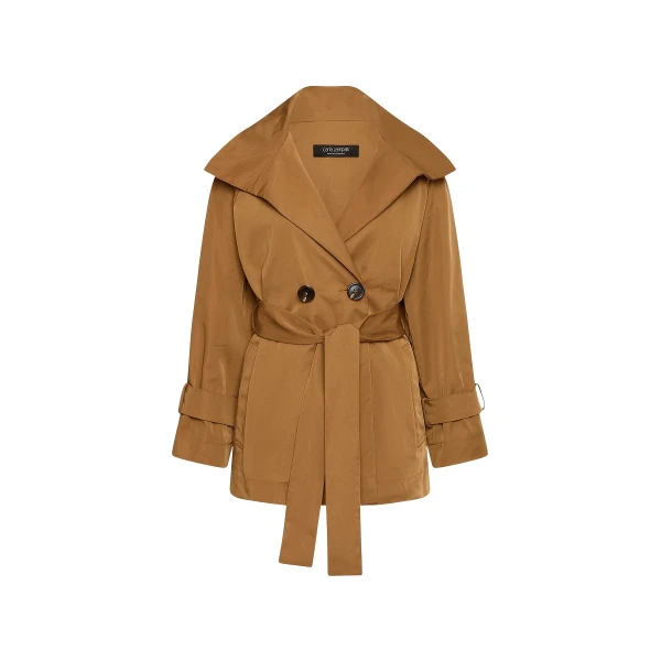 Camel Taffeta Twill Short Trench Coat