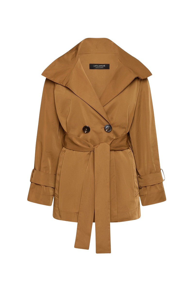 Carla Zampatti Camel Taffeta Twill Short Trench Coat