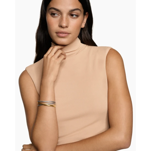 David Yurman Bold Crossover Three Row Cuff Bracelet in Sterling Silver with 14K Yellow Gold, 19mm, view 2