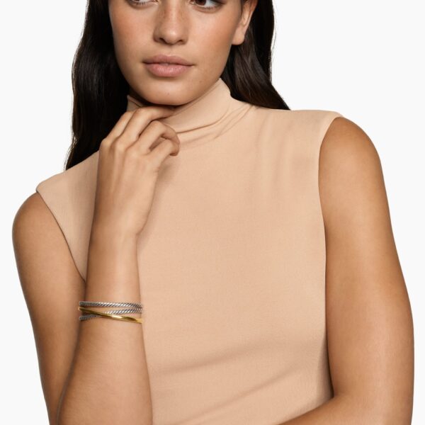 19mm in Silver – front view of authentic Cuff Bracelets at Coveti|David Yurman Bold Crossover Three Row Cuff Bracelet in Sterling Silver with 14K Yellow Gold