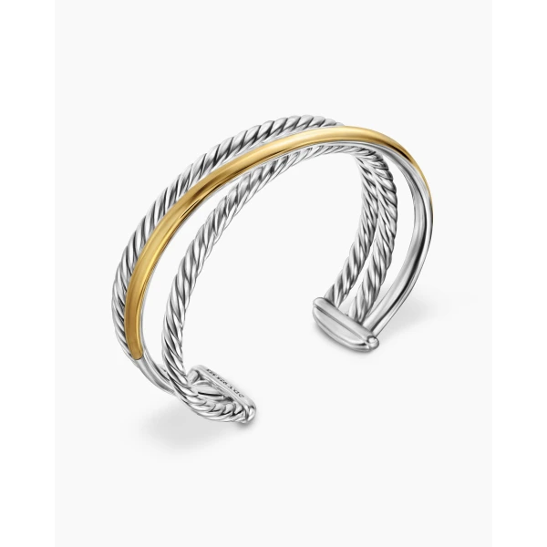 David Yurman Bold Crossover Three Row Cuff Bracelet in Sterling Silver with 14K Yellow Gold, 19mm, view 3