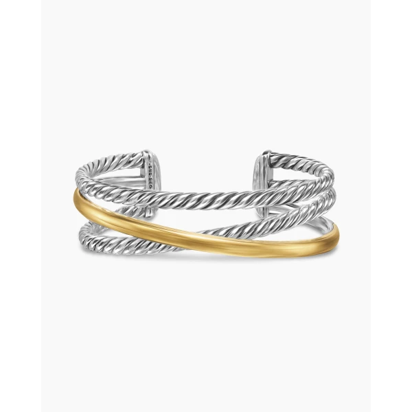David Yurman Bold Crossover Three Row Cuff Bracelet in Sterling Silver with 14K Yellow Gold, 19mm, view 4