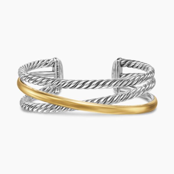 on-model styling shot|David Yurman Bold Crossover Three Row Cuff Bracelet in Sterling Silver with 14K Yellow Gold