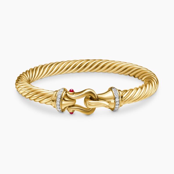 on-model styling shot|David Yurman Buckle Cablespira® Bracelet in 18K Yellow Gold with Rubies and Diamonds