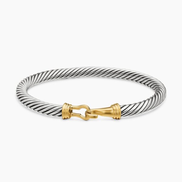 on-model styling shot|David Yurman Buckle Classic Cable Bracelet in Sterling Silver with 14K Yellow Gold