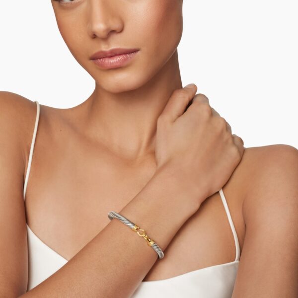 5mm – pavé setting and gemstone detail close-up|David Yurman Buckle Classic Cable Bracelet in Sterling Silver with 14K Yellow Gold